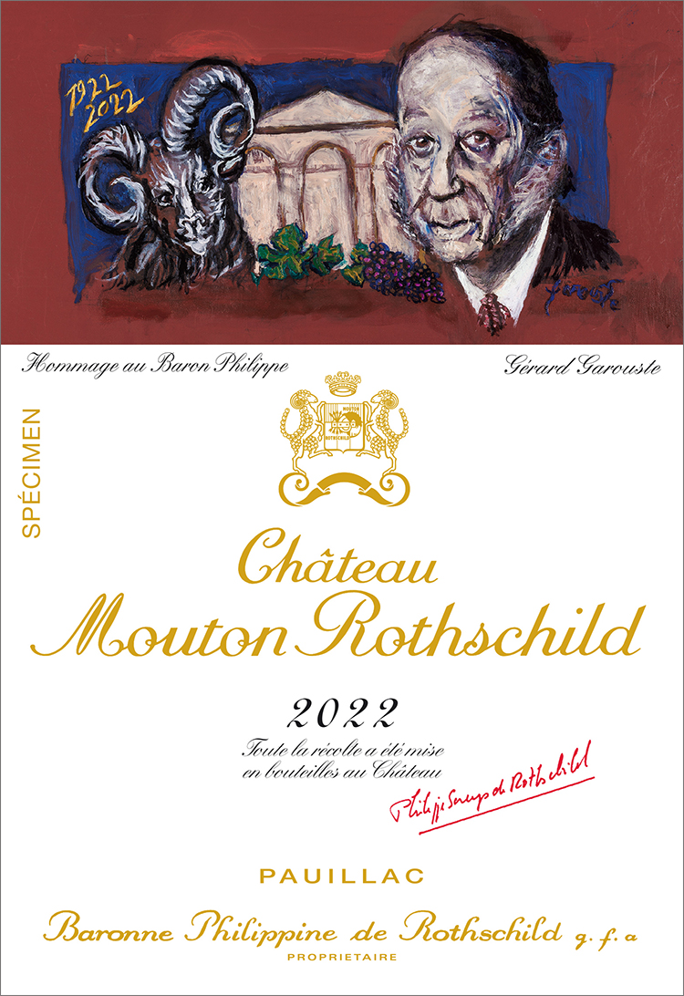 Het label van Château Mouton Rothschild 2022, geïllustreerd door Gérard Garouste / foto Mouton Rothschild
