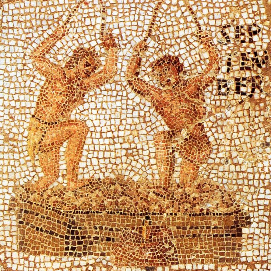 Op deze Romeinse mozaïek worden in september de druiven geperst 
